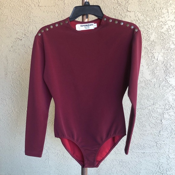 Vintage Tape Measure Body Suit Made in USA Size S in Oxblood - Picture 1 of 8